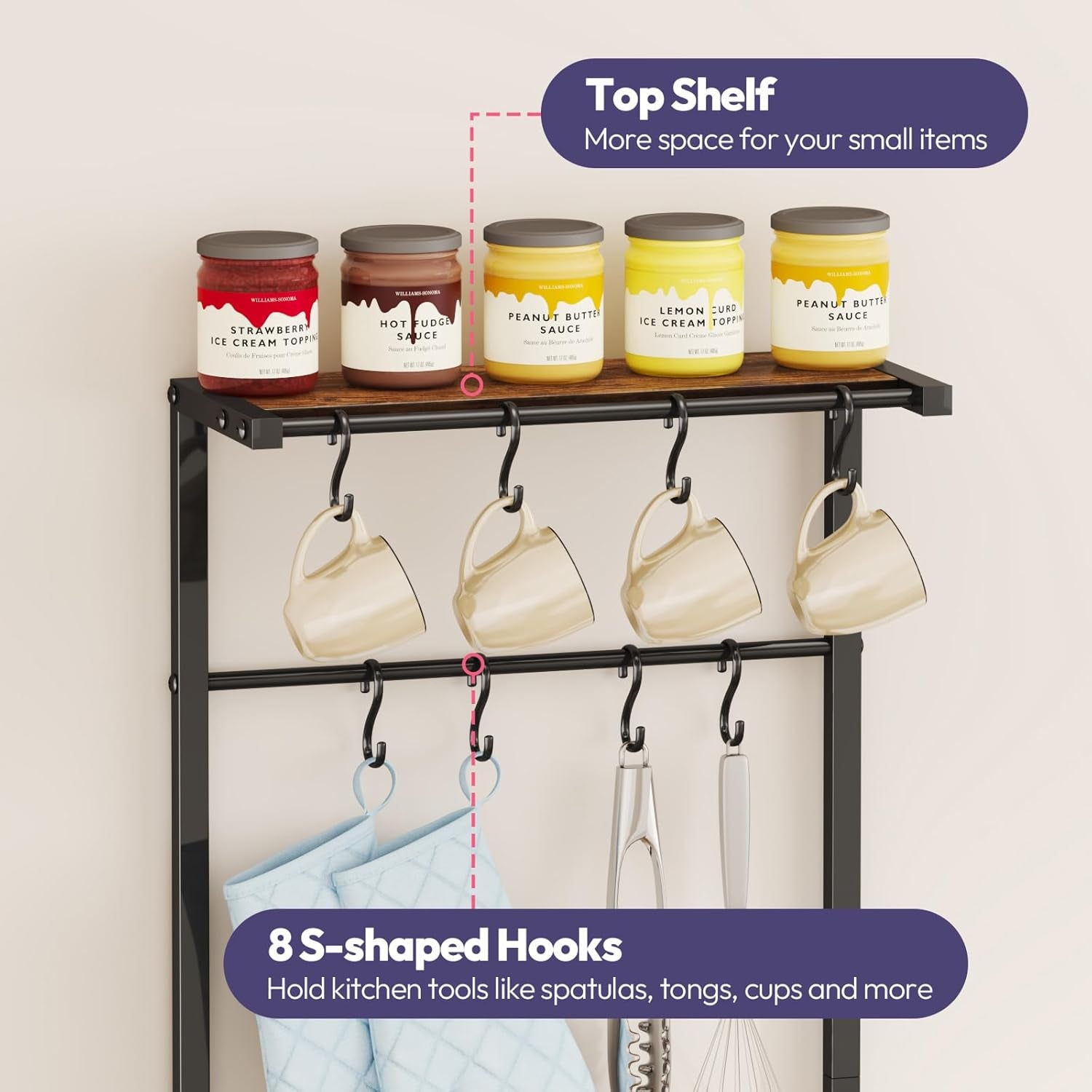 Bakers Rack with Storage - Coffee Bar Cabinet with Shelves, Coffee Station Organizer and Kitchen Stand with 8 Hooks, Baskets, Adjustable Feet for Kitchen Dining Room Pantry, Espresso