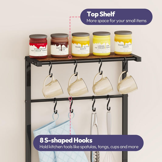 Bakers Rack with Storage - Coffee Bar Cabinet with Shelves, Coffee Station Organizer and Kitchen Stand with 8 Hooks, Baskets, Adjustable Feet for Kitchen Dining Room Pantry, Espresso