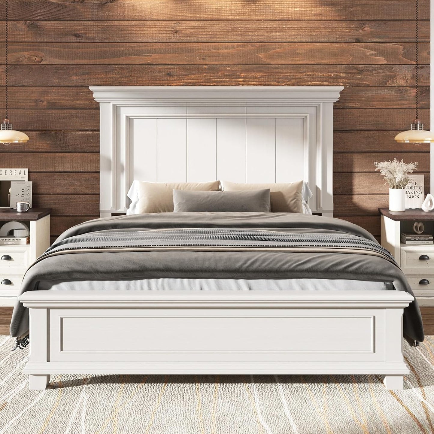 Queen Size Solid Wood Bed Frame, Farmhouse Platform Bed with Headboard and Footboard, Rustic Bed Base with 12 Wood Slats Support, No Box Spring Needed, Distressed White
