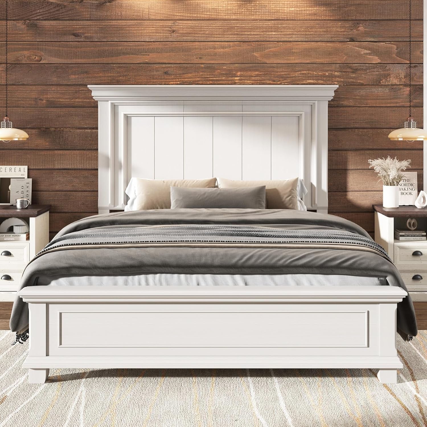 Queen Size Solid Wood Bed Frame, Farmhouse Platform Bed with Headboard and Footboard, Rustic Bed Base with 12 Wood Slats Support, No Box Spring Needed, Distressed White