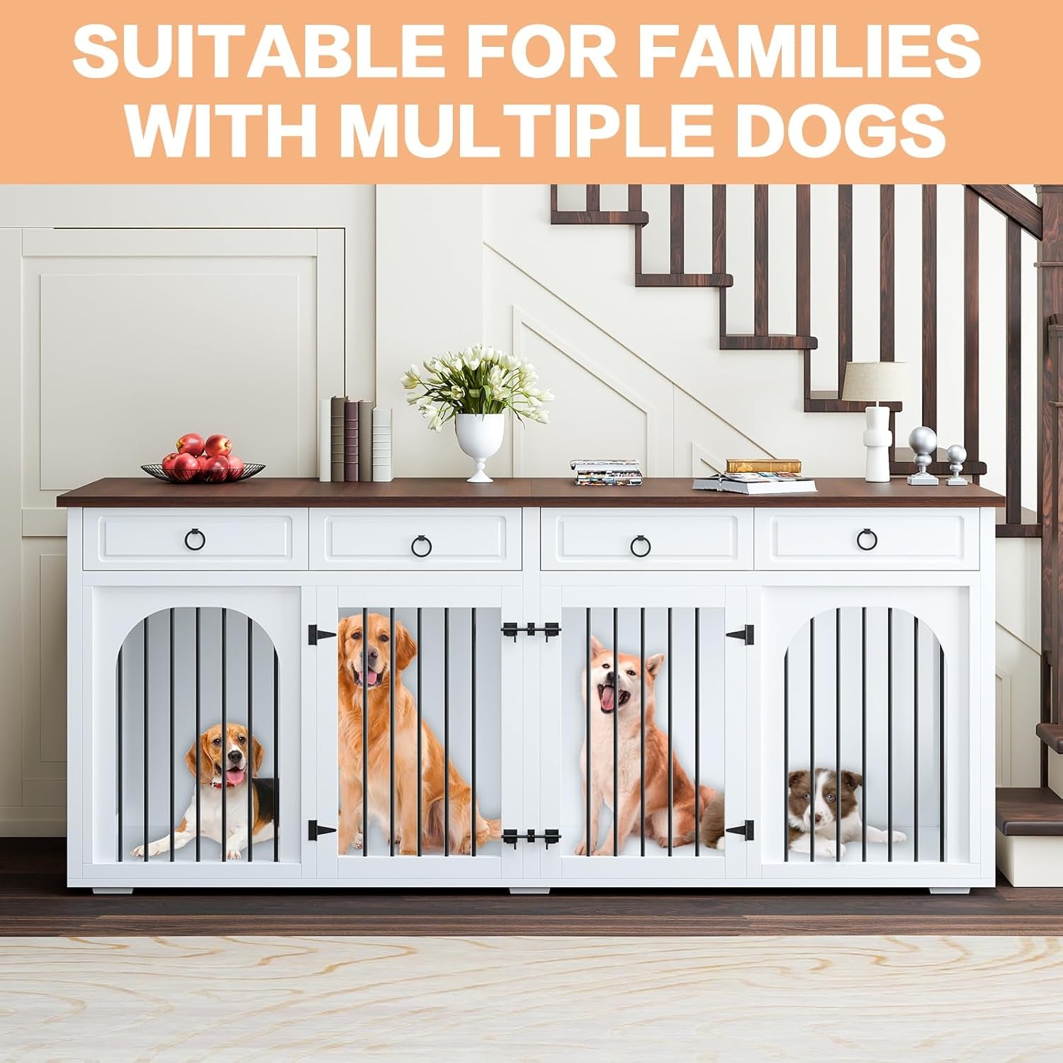 86.6" Large Dog Crate Furniture for 2 Dogs,Xxxl Wooden Furniture-Style Double Dog Crates Kennel Cage TV Stand Table with 4 Drawers Divider Locks,White