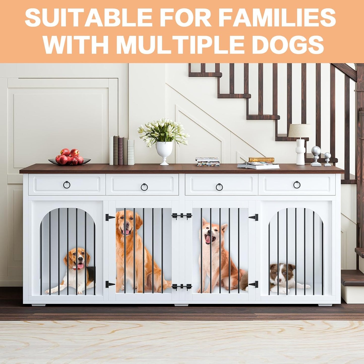 Large Dog Crate Furniture,74.8" Wooden Double Dog Kennel Cage Furniture Indoor for 2 Large Medium Dogs TV Stand with Divider and 2 Drawers,White