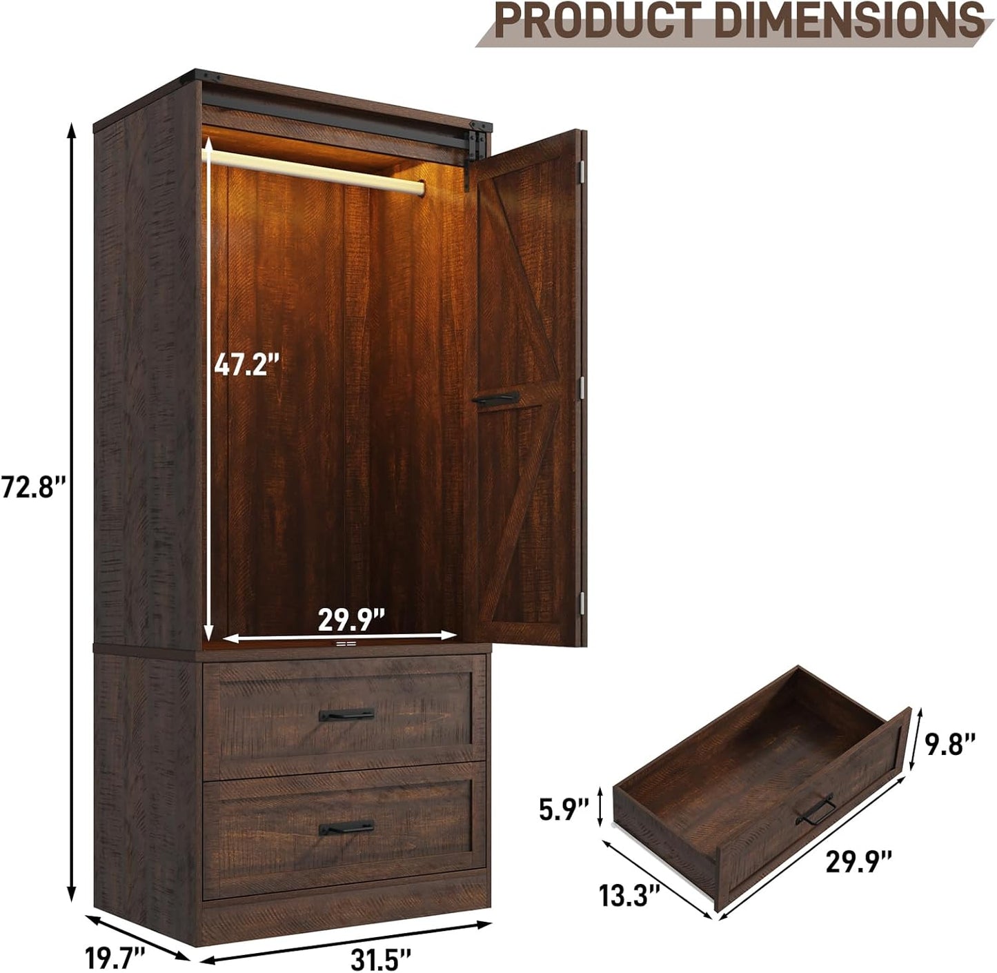Farmhouse 2 Doors Armoire Wardrobe Closet W/Folding Sliding Barn Door and Lights, LED Armoire Closet W/Drawers for Bedroom, Freestanding Wooden Wardrobe Storage Closet W/Hanging Rod,Rustic Brown