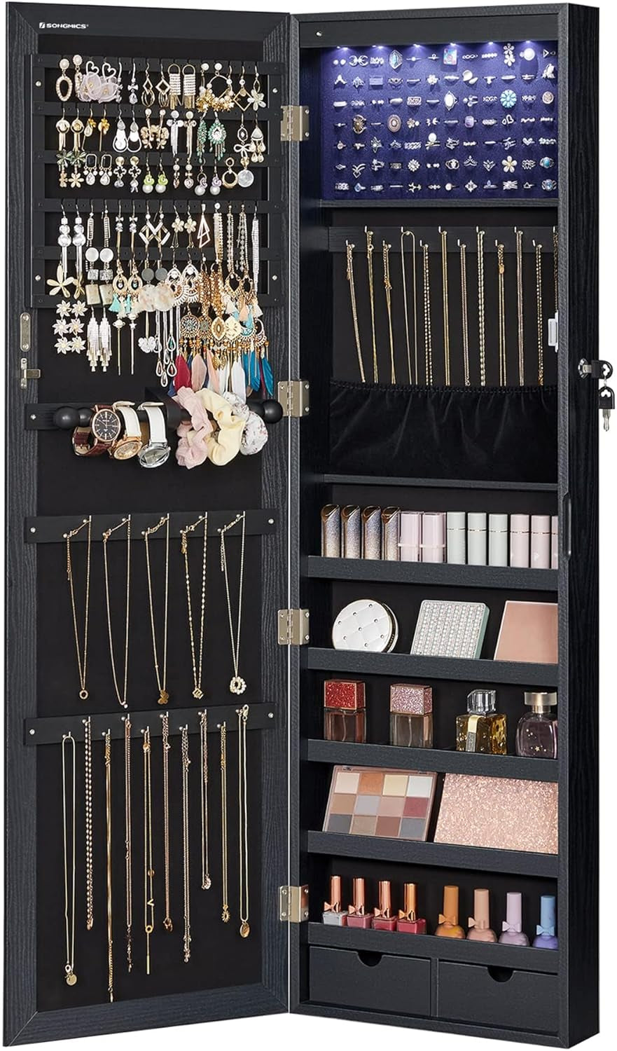 6 Leds Mirror Jewelry Cabinet, 47.2-Inch Tall Lockable Wall or Door Mounted Jewelry Armoire Organizer with Mirror, 2 Drawers, 3.9 X 14.6 X 47.2 Inches, White UJJC93W
