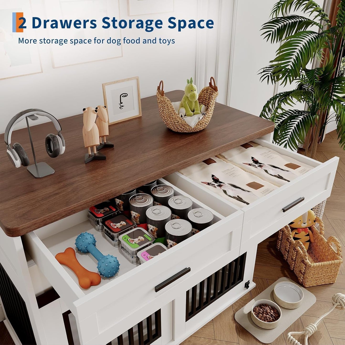 44.5" Wooden Dog Crate Furniture with Storage Drawers, Heavy Duty Pet Kennel End Table, Sliding Barn Doors, Indoor Decorative TV Stand for Medium or Large Breeds