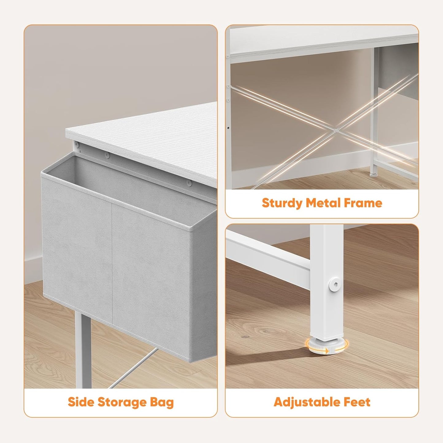 L Shaped Desk Corner Computer Table 47 Inch, L-Shaped Gaming Desks with Storage Shelf Reversible, Wood Tables with Side Bag Adjustable Feet for 2 Monitors Small Space Home Office Bedroom, White