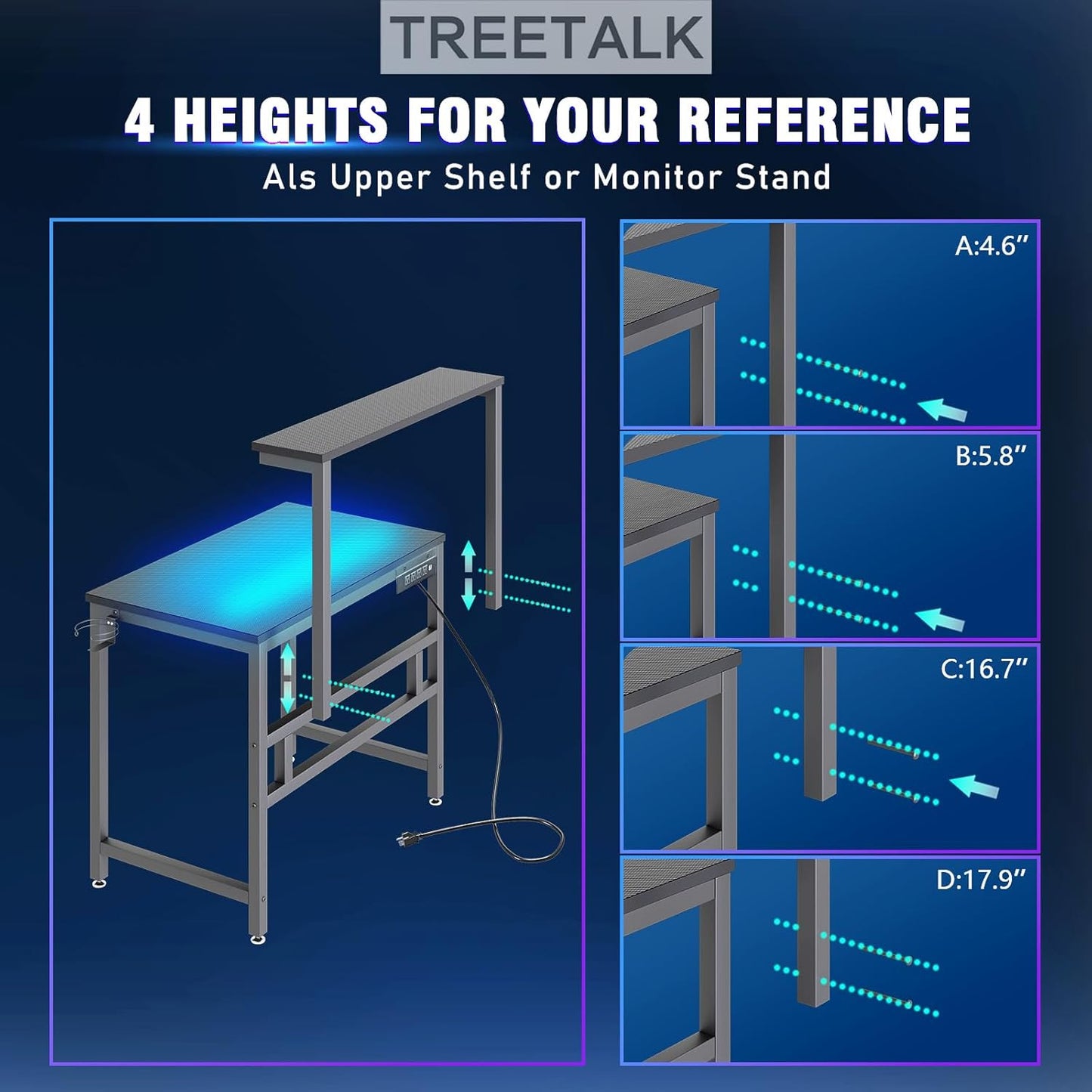 Gaming Desk with Power Outlets & LED Strip Lights,80Cm Industrial Writing Desk with Adjustable Monitor Stand, Cupholder and Headphone Hook for Home Office Black