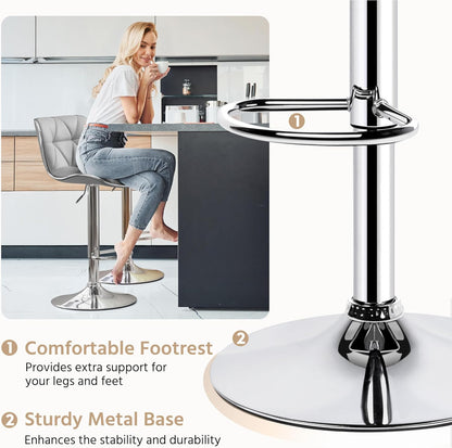 Bar Stools Set of 2, PU Leather Swivel Adjustable Barstools with Shell Back, Bar Chairs with Foma Padded for Home, Kitchen, Light Grey