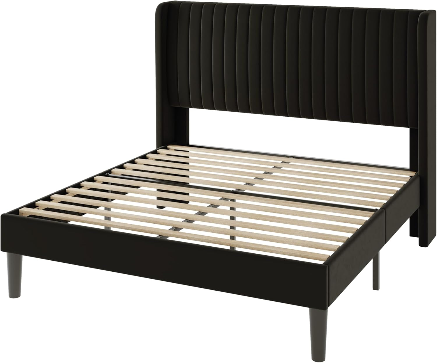 Queen Size Velvet Bed Frame/Vertical Channel Tufted Wingback Headboard/Upholstered Platform Bed/Strong Wooden Slats/No Box Spring Needed/Easy Assembly/Black