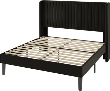 Queen Size Velvet Bed Frame/Vertical Channel Tufted Wingback Headboard/Upholstered Platform Bed/Strong Wooden Slats/No Box Spring Needed/Easy Assembly/Black