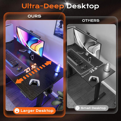 55 X 28 Large Electric Standing Desk, Height Adjustable Computer Desk, 27.6" Deep Desktop, Stand up Gaming Office Table with 2 Hooks, 3 Preset Heights, for Home Office, Black