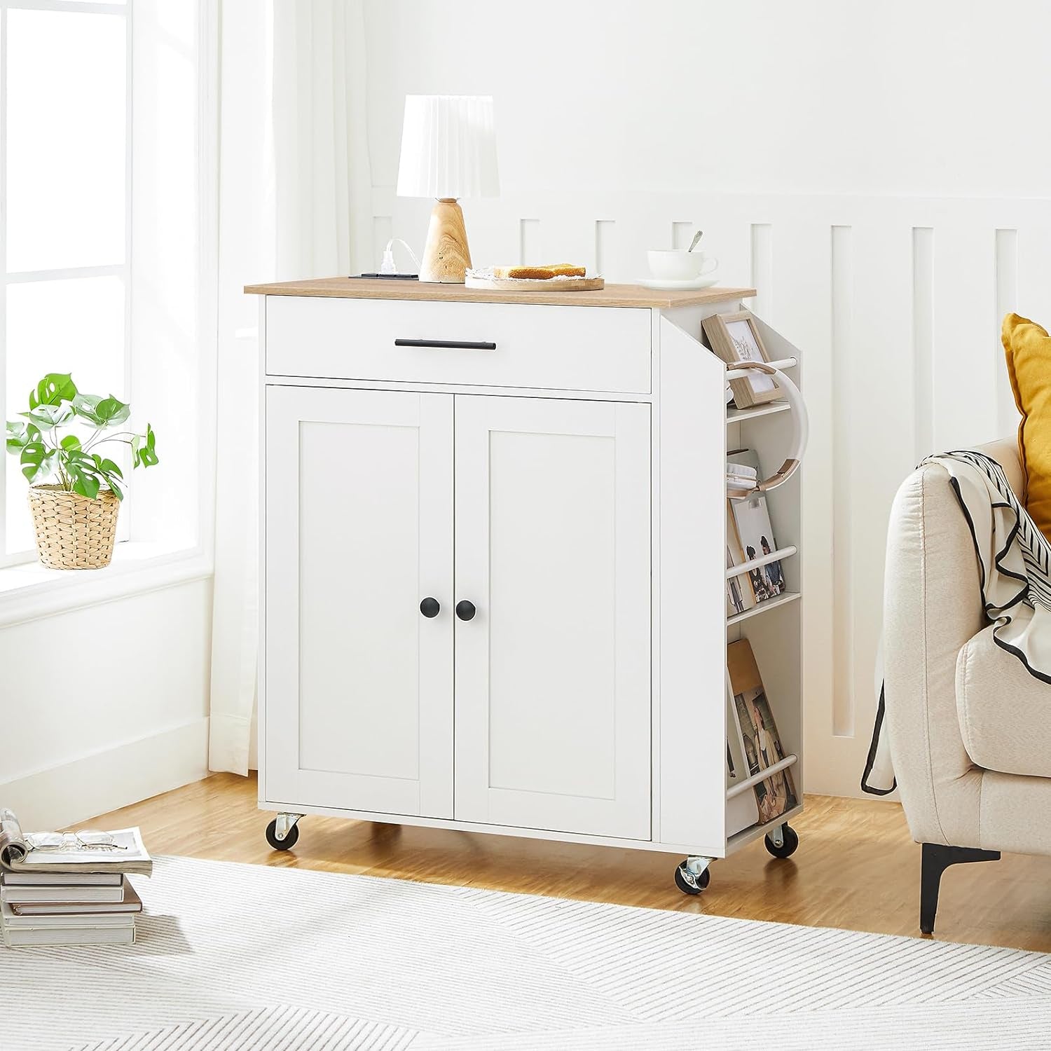 Kitchen Island with Power Outlet, Kitchen Storage Island with Spice Rack and Drawer, Rolling Kitchen on Wheels, for Home, Dining Room, Natural and White