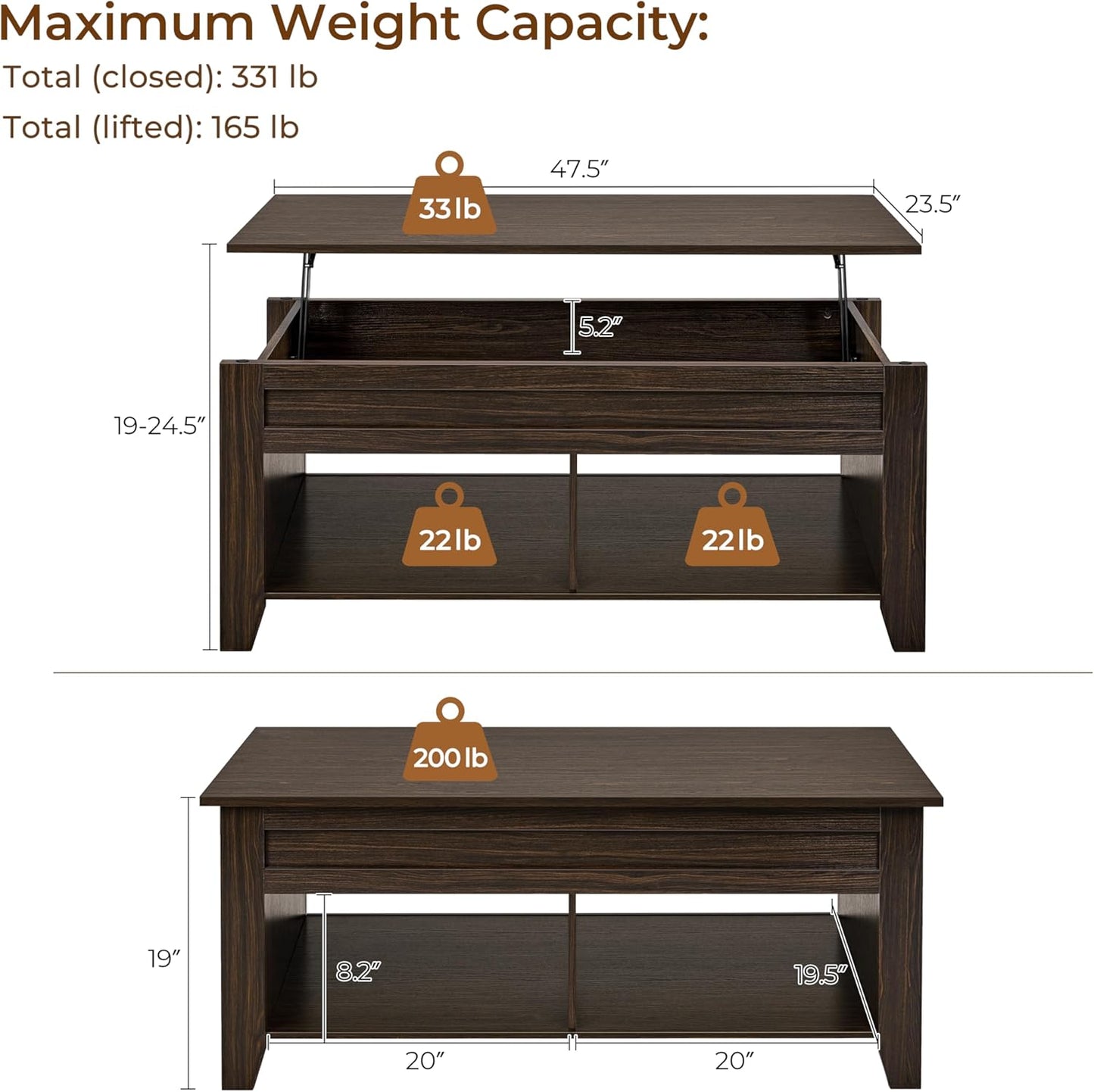 Lift Top Coffee Table with Hidden Storage Compartment & 2 Open Shelves, Rising Tabletop Pop up Center Table for Living Room Reception Room, 47.5'' L, Espresso
