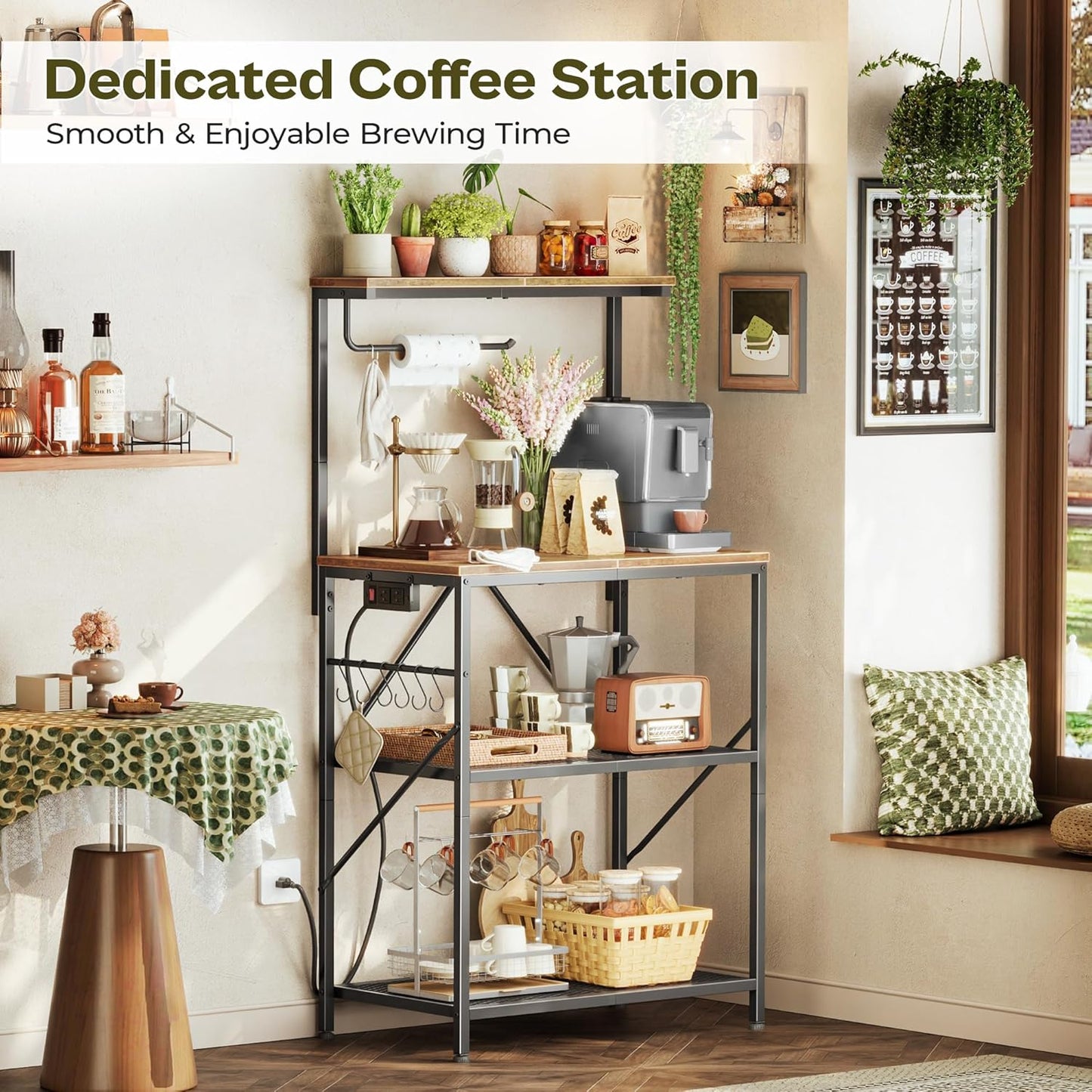 4-Tier Bakers Rack with Reversible Power Outlet, 23.6 Inch Microwave Stand, Kitchen Coffee Bar, with Top Shelf, 6 S Hooks, Rustic Brown