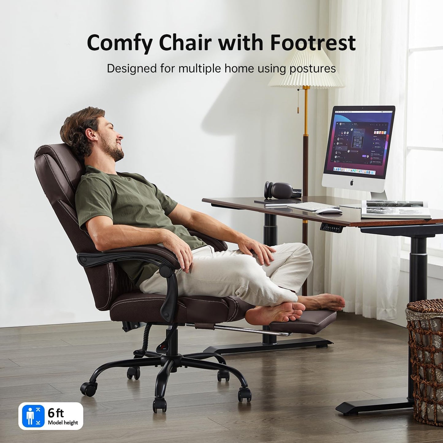 Office Chair, Big and Tall Office Chair with Foot Rest Ergonomic Desk Chairs Reclining High Back Leather Chairs with Lumbar Support(Brown)