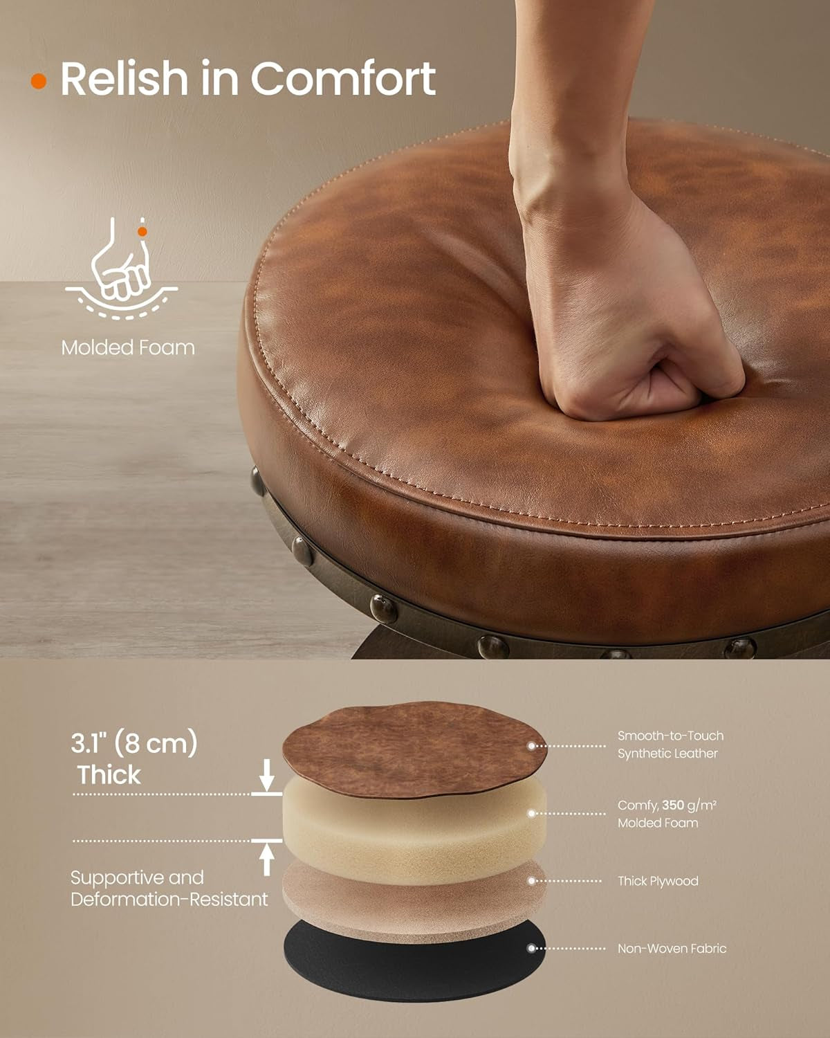 HOME Bar Stools, Set of 2, Steampunk Counter Stool for Kitchen, Adjustable Height and Swivel Padded Seat, Workbench Stool, 16.5 X 19.3 X 24.6-29.3 Inches, Caramel Brown ULJB096K01