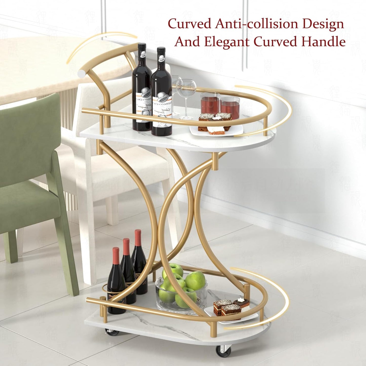 Bar Cart with Wheels Handle Rolling Home Bar Serving Carts 2 Tier Curved Anti-Collision Storage Small Trolley with Wine Rack and Glass Holder for Kitchen Dining Room Living Room Gold