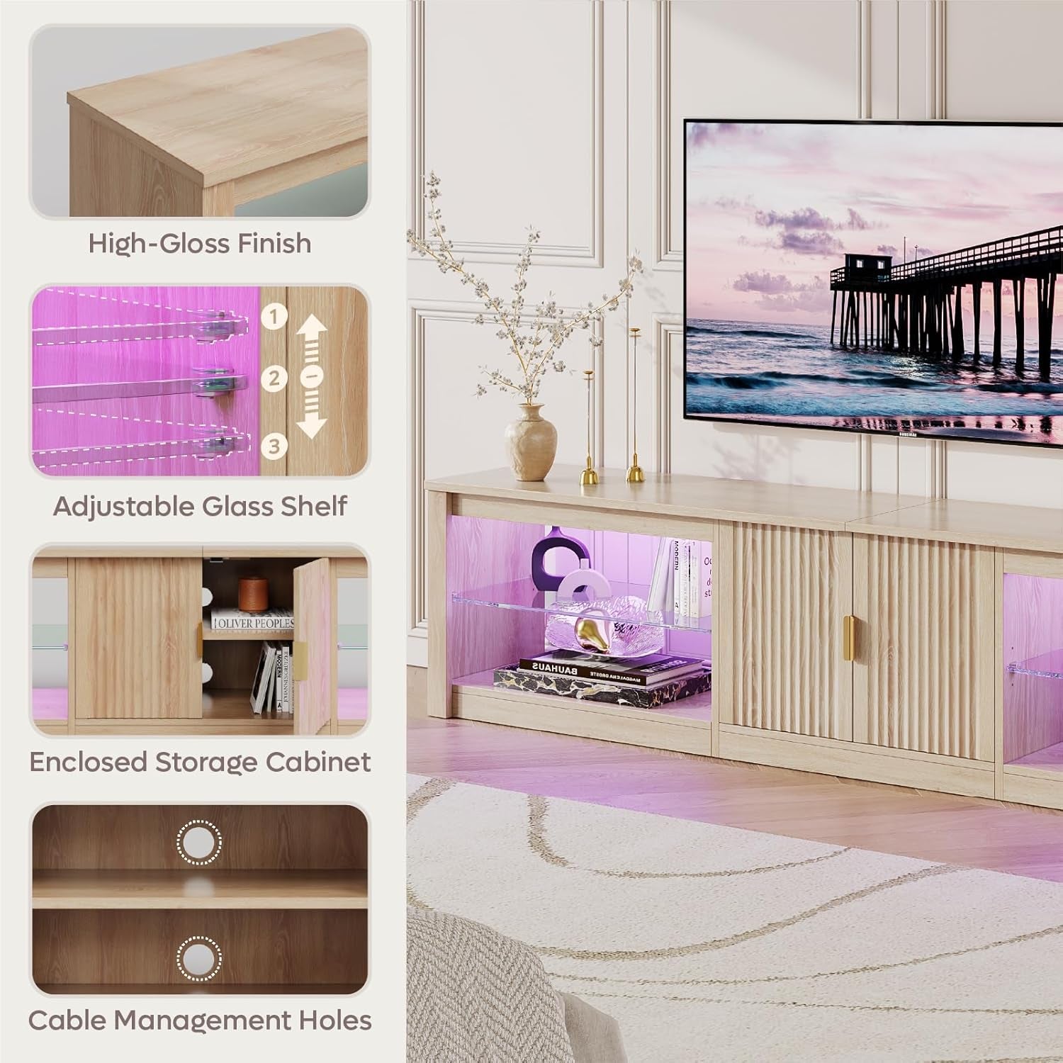 80 Inch TV Stand for 75/85/90 Inch Tvs, LED Entertainment Center with Fluted Storage Cabinet & Adjustable Shelves, Modern Farmhouse Wooden TV Console for Living Room Bedroom, Natual Oak