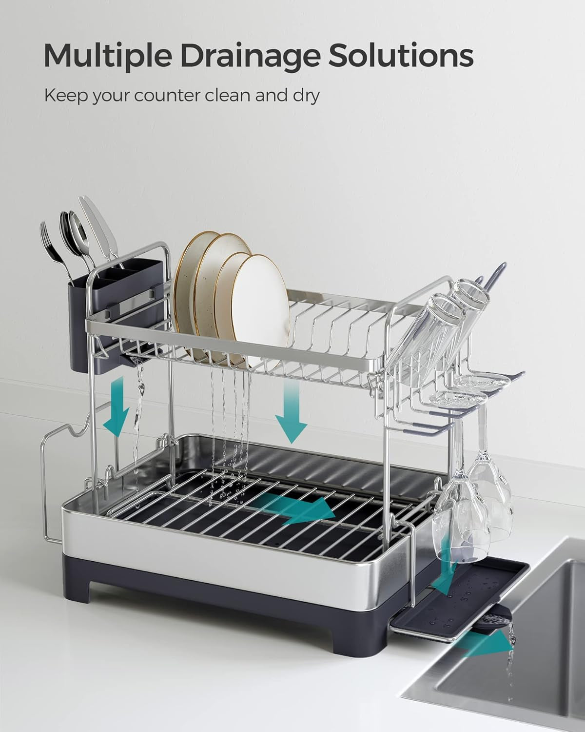Dish Drying Rack - 2 Tier Dish Rack for Kitchen Counter with Rotatable and Extendable Drain Spout, Dish Drainer with Utensil, Cup, Glass, Cutting Board Holders, Silver and Gray UKCS032E01