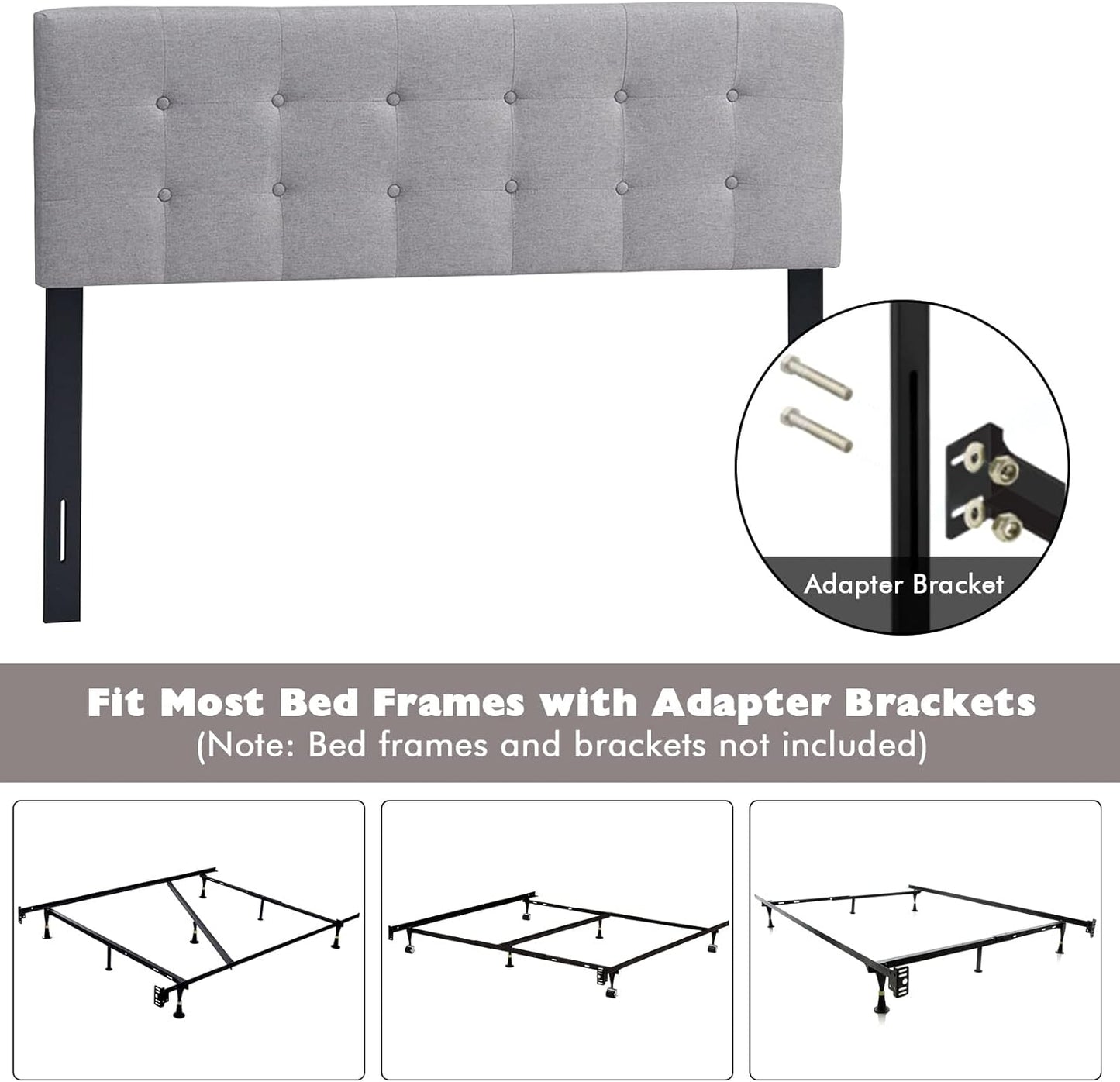 Linen Upholstered Headboard, Adjustable Width Button Tufted Headboard Only with Solid Wood Legs, Attach Frame, Rectangular Headboard for Queen Full Size Bed, Gray
