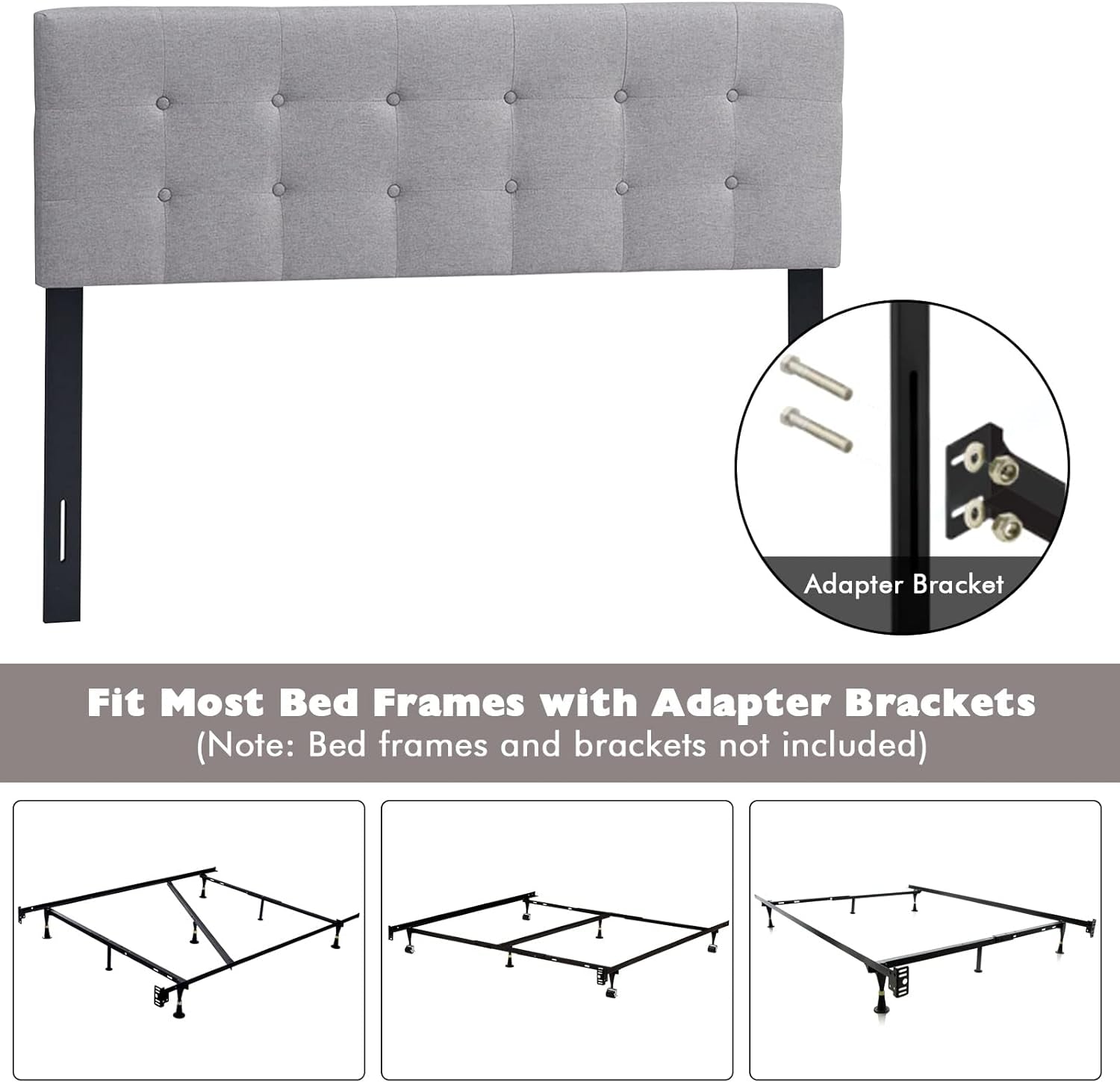 Linen Upholstered Headboard, Adjustable Width Button Tufted Headboard Only with Solid Wood Legs, Attach Frame, Rectangular Headboard for Queen Full Size Bed, Gray