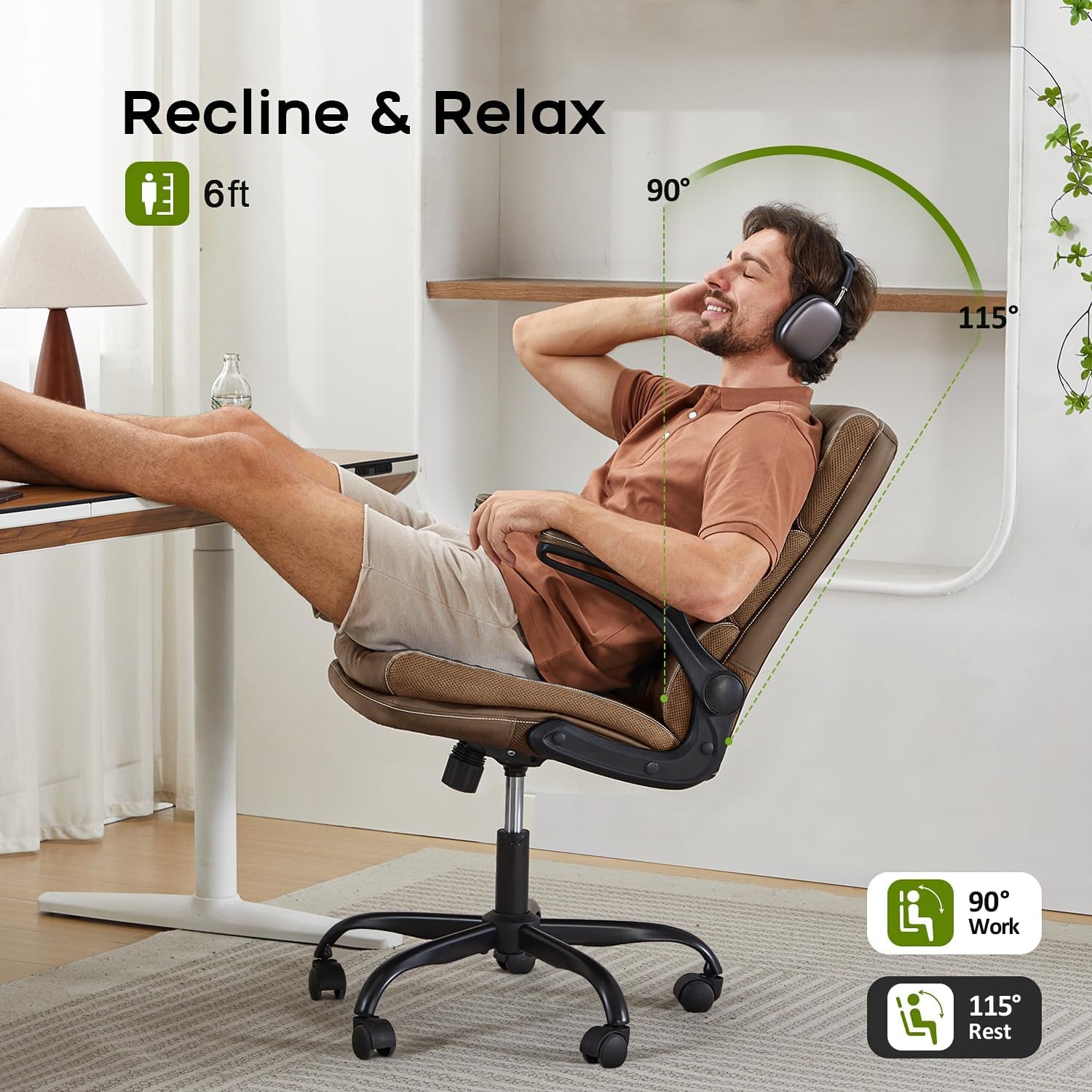 Office Chair Adjustable Desk Chair Mid Back Executive Comfortable Bonded Leather Ergonomic Back Support Home Computer Chairs with Padded Flip-Up Armrest Swivel Wheels (Tan)