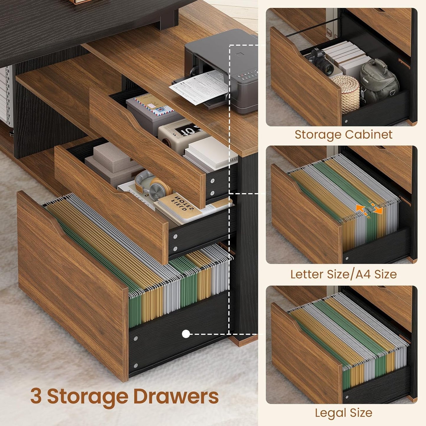 71" Executive Desk with File Cabinet, Large Office Desk with Drawers and Shelves, L Shaped Computer Desk with Power Outlets, Business Furniture Desk Workstation for Home Office, Walnut