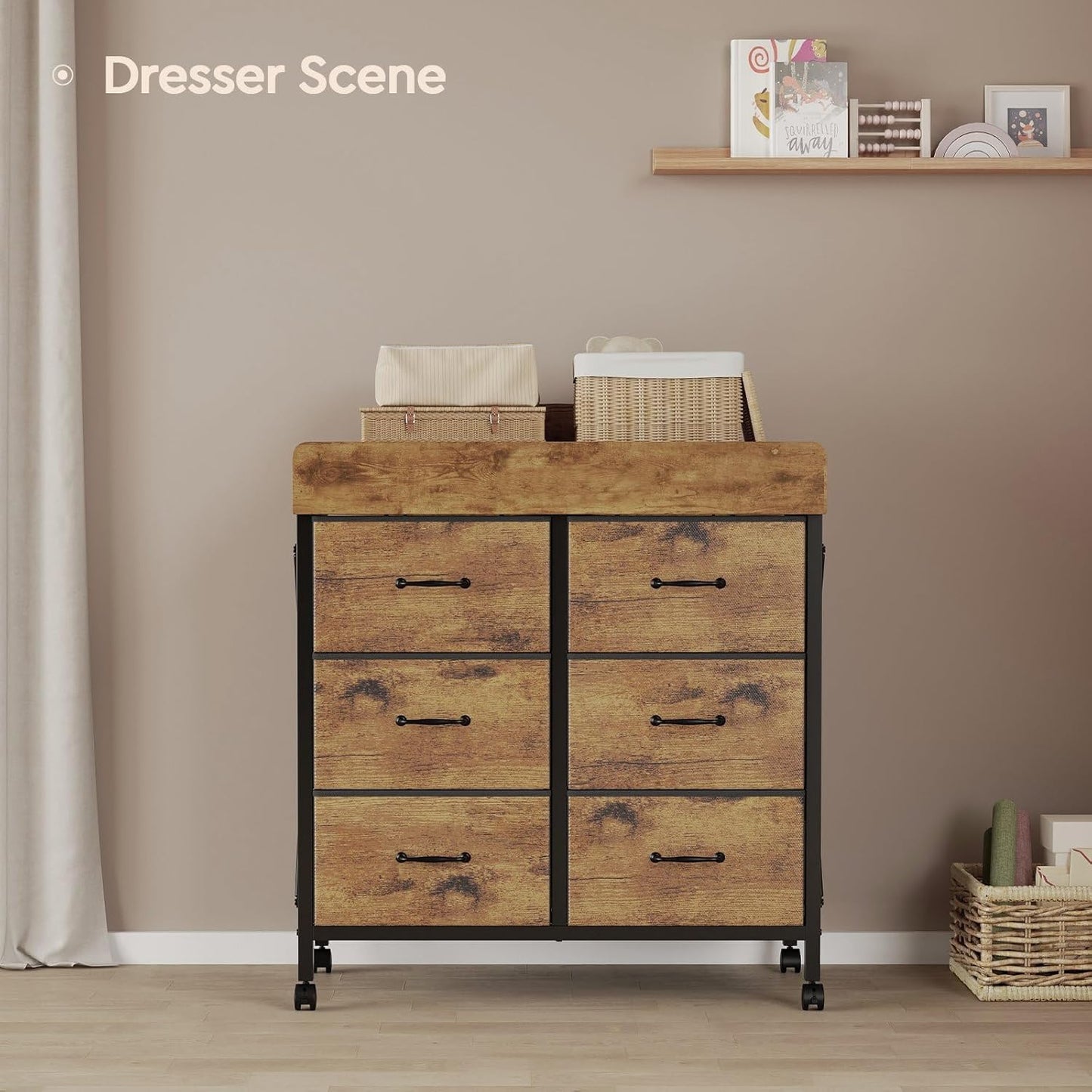 Baby Changing Table Dresser with Wheels, 6-Fabric Drawer Baby Dresser with Changing Table Top, Waterproof Diaper Changing Station & Pad, Mobile Storage Unit, Baby Furniture, Rustic Brown
