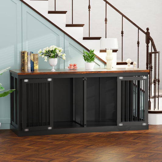 71" Dog Crate Furniture, Large Dog Kennel Furniture, Wood Double Dogs Crate Furniture Large Breed, Dog Crates for 2 Dogs Furniture, Black