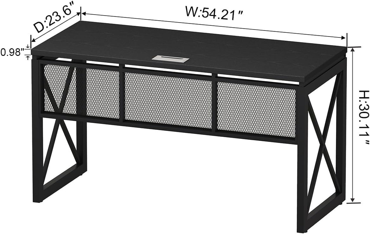 Black Computer Desk, Modern Gaming Desk, Industrial Wood Office Desks, Sturdy Writing Desks for Home Office, Living Room, Study Workstation, Bedroom (Black, 54 Inch)