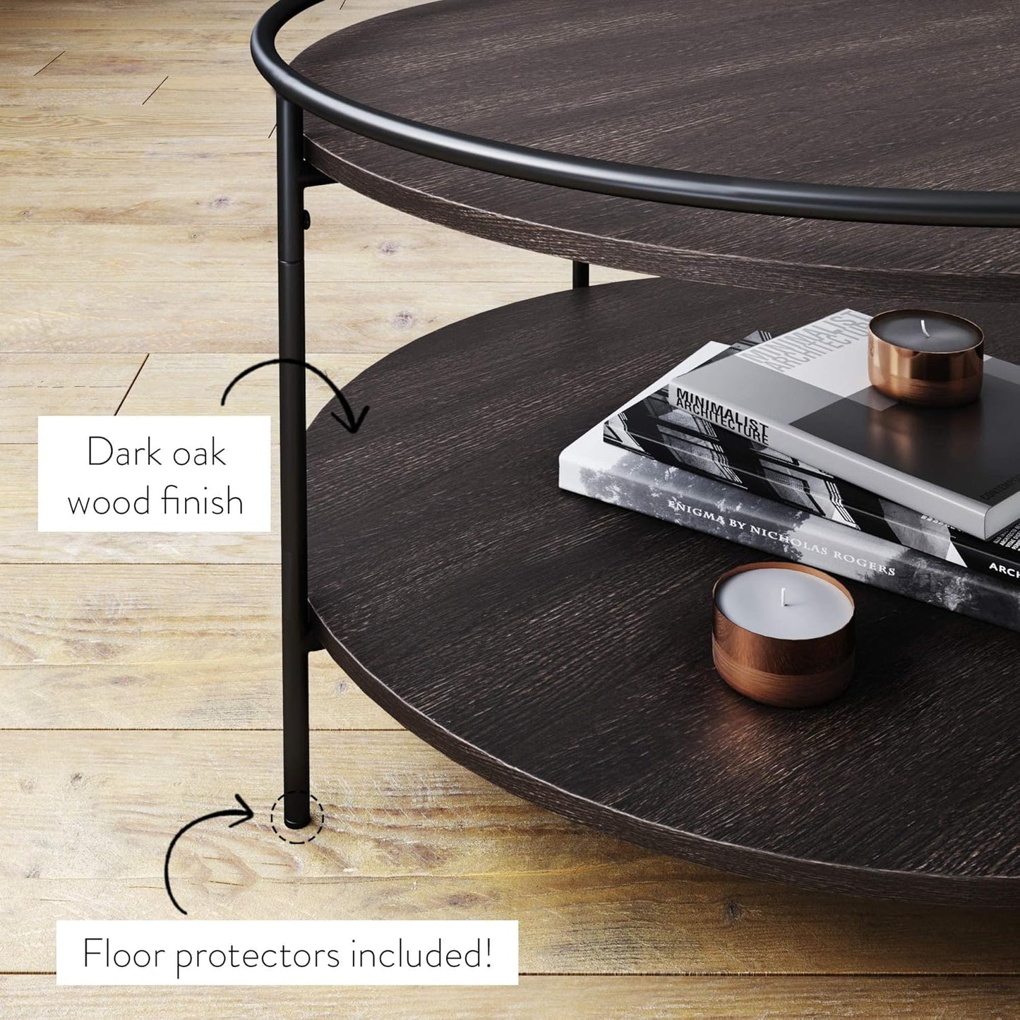 Paloma round Coffee Tea or Cocktail with Raised Tray Top Edge Tables, 2-Tier Minimalist Style Living Room, Dark Oak/Matte Black