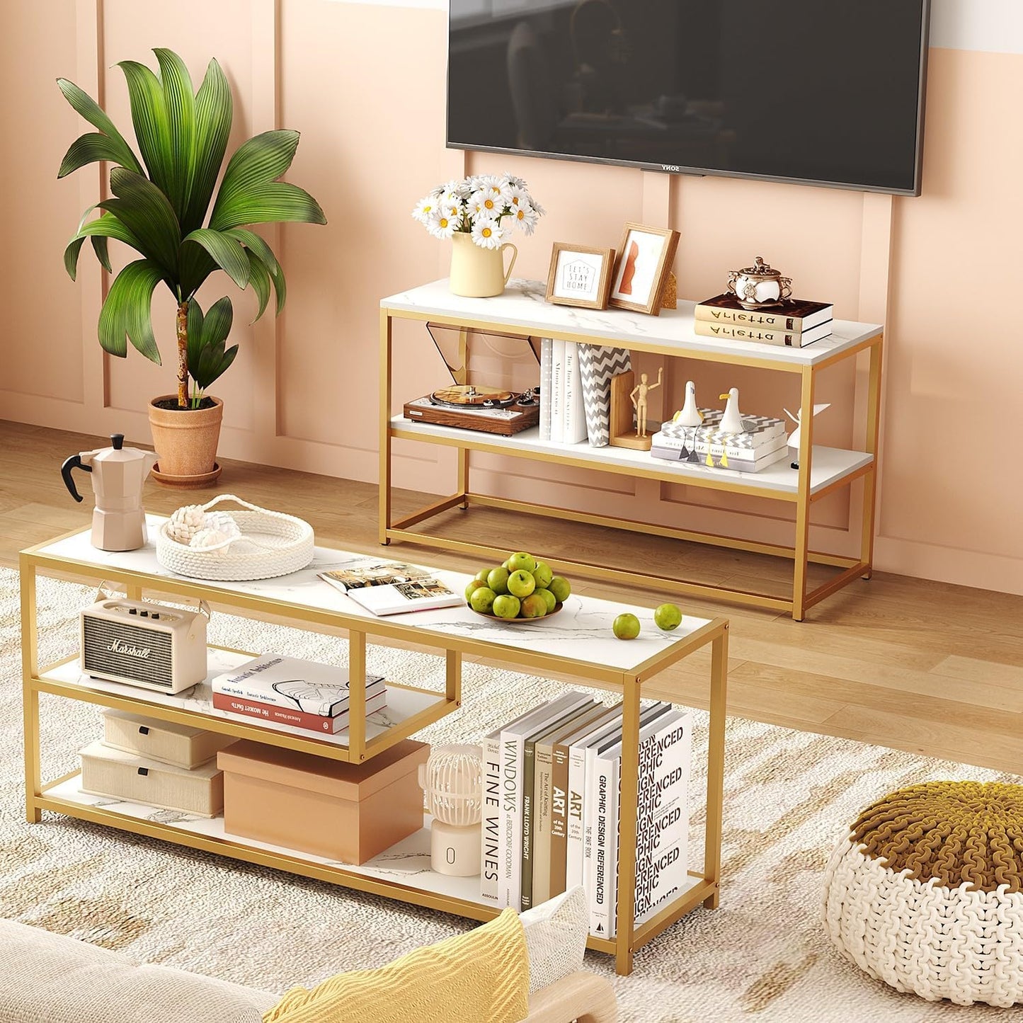 TV Stand for Tvs up to 55 Inch, 3 Tier Entertainment Center, Media Console with Open Storage Shelves for Living Room Bedroom, 47” Modern TV Table with Faux Marble Top Gold Metal Leg