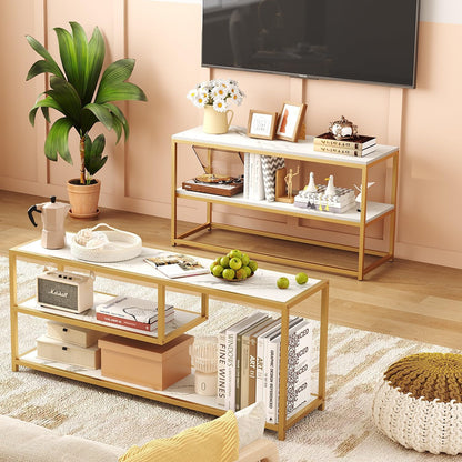 TV Stand for Tvs up to 55 Inch, 3 Tier Entertainment Center, Media Console with Open Storage Shelves for Living Room Bedroom, 47” Modern TV Table with Faux Marble Top Gold Metal Leg
