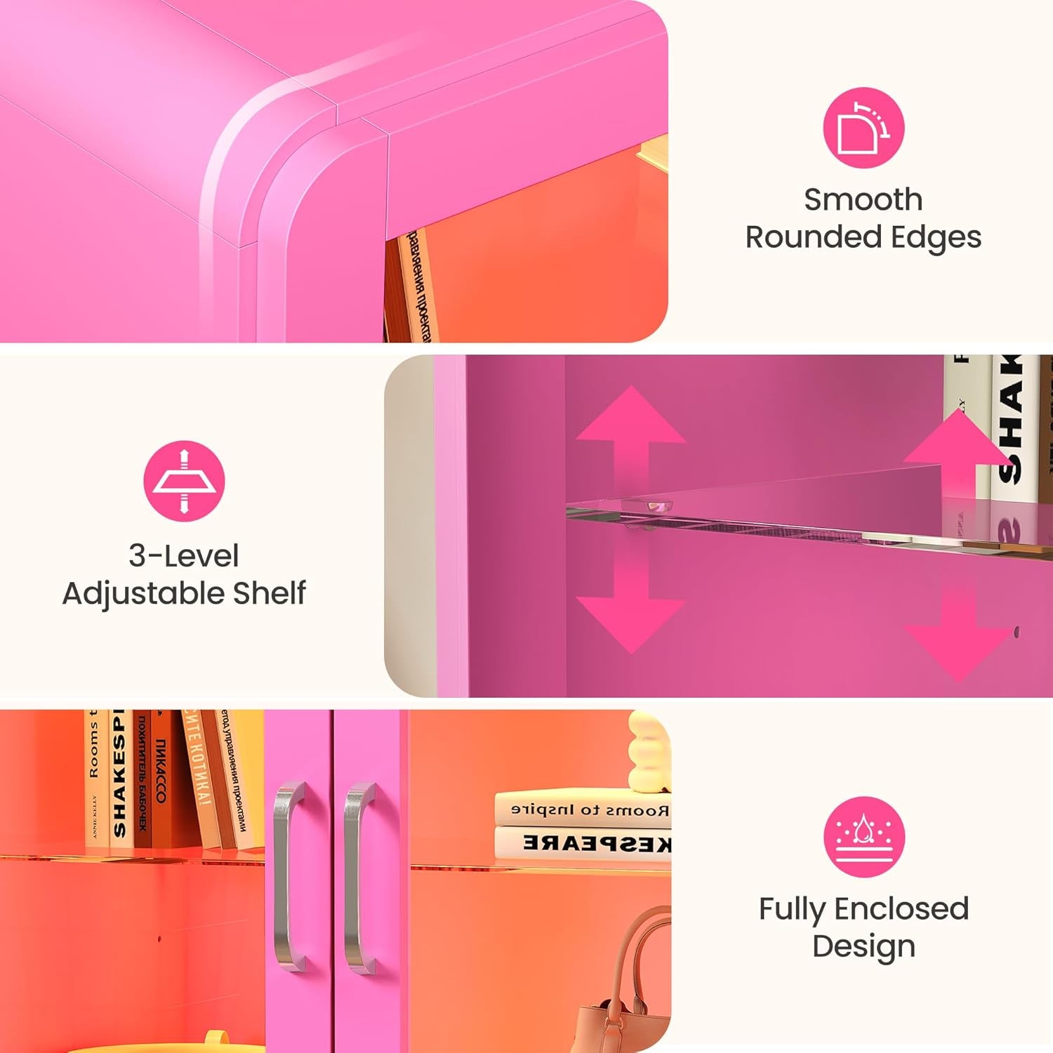 Pink Display Cabinet with Acrylic Doors, 27'' Tall Curio Cabinet with LED Lights, Modern Storage Cabinet with Drawers & Adjustable Shelves, Ideal for Living Room, Child'S Room