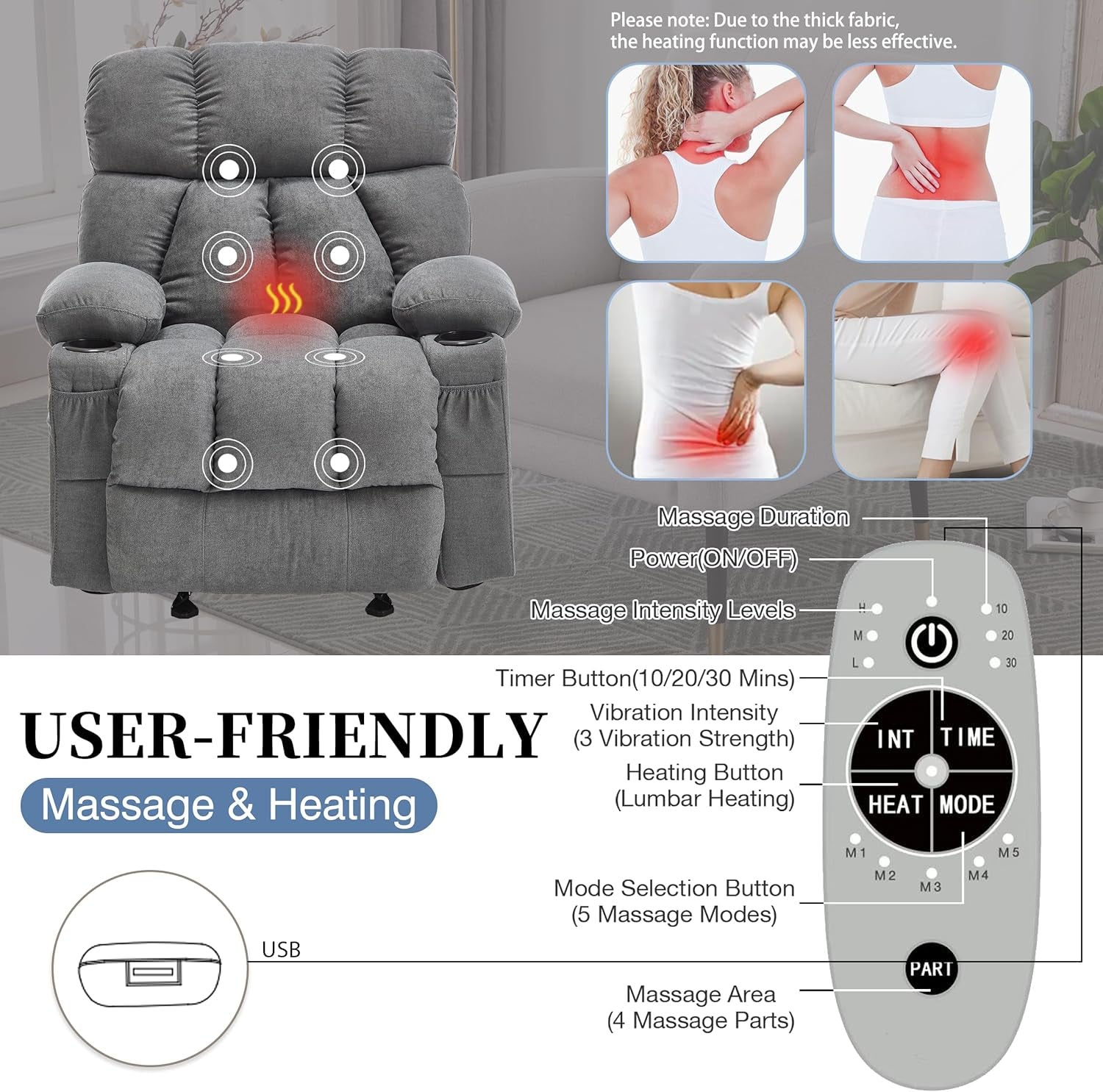 Recliner Chair with Massage Rocker Heat, Ergonomic Oversized Reclining Lounge Chair with Side Pockets, USB Charging Port, Sturdy Metal Frame, Overstuffed Nursery Rocking Chairs for Living Room