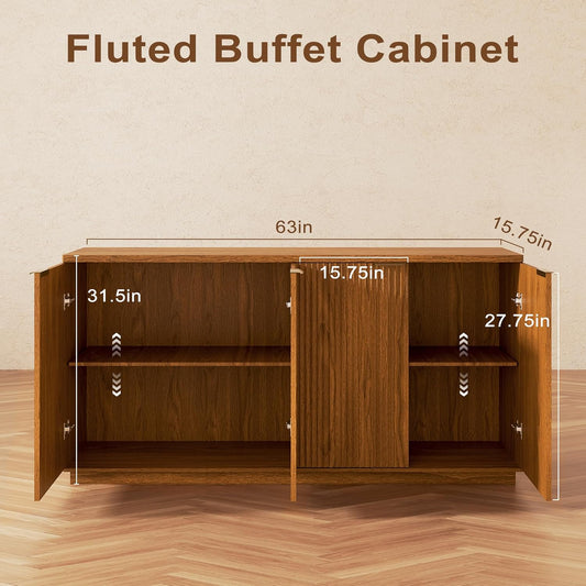 63" Fluted TV Stand for Tvs up to 65", Modern Entertainment Center with Storage Cabinets, Large Wood Sideboard Buffet Cabinet with Storage for Living Room and Bedroom Furniture,Brown