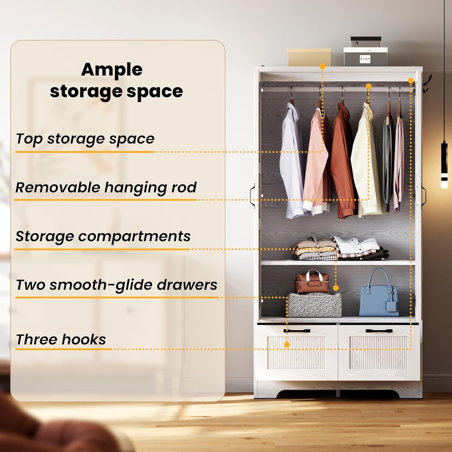 Armoire Wardrobe Closet, 71" H Wooden Clothing Storage Cabinet with 2 Doors and 2 Drawers, Bedroom Freestanding Wardrobe Combination with Hanging Rod and Adjustable Shelves, White