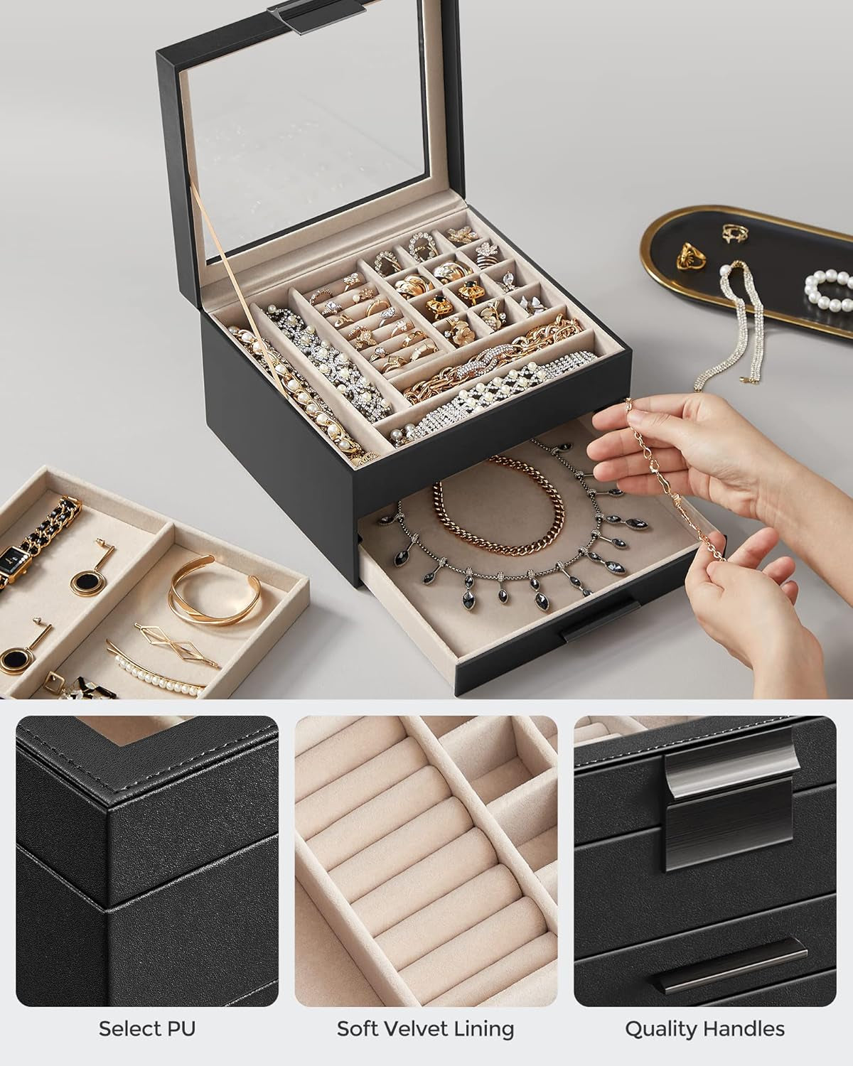 Jewelry Box Bundle, 2 Jewelry Organizers with Glass Lids, 2 Drawers Each, for Loved Ones, Black and White UJBC239BK and UJBC239WT