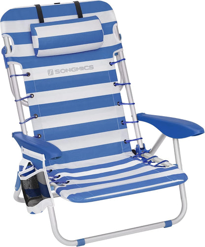 Portable Backpack Beach Chair, 331 Lb Capacity, 4 Angles Adjustable Backrest, 2 Side Pockets, Towel Bar, Blue and White UGCB62BU