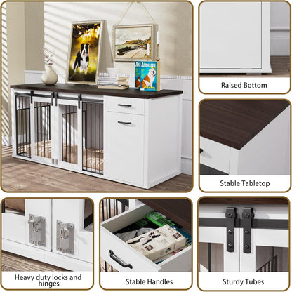 Large Dog Crate Furniture Large Breed,71 Inch Wooden Dog Crate with Tilt Out Trash Cabinet,Drawers,Divider and Sliding Barn Door, Double Doors Dogs Crate for 2 Dogs (Brown)