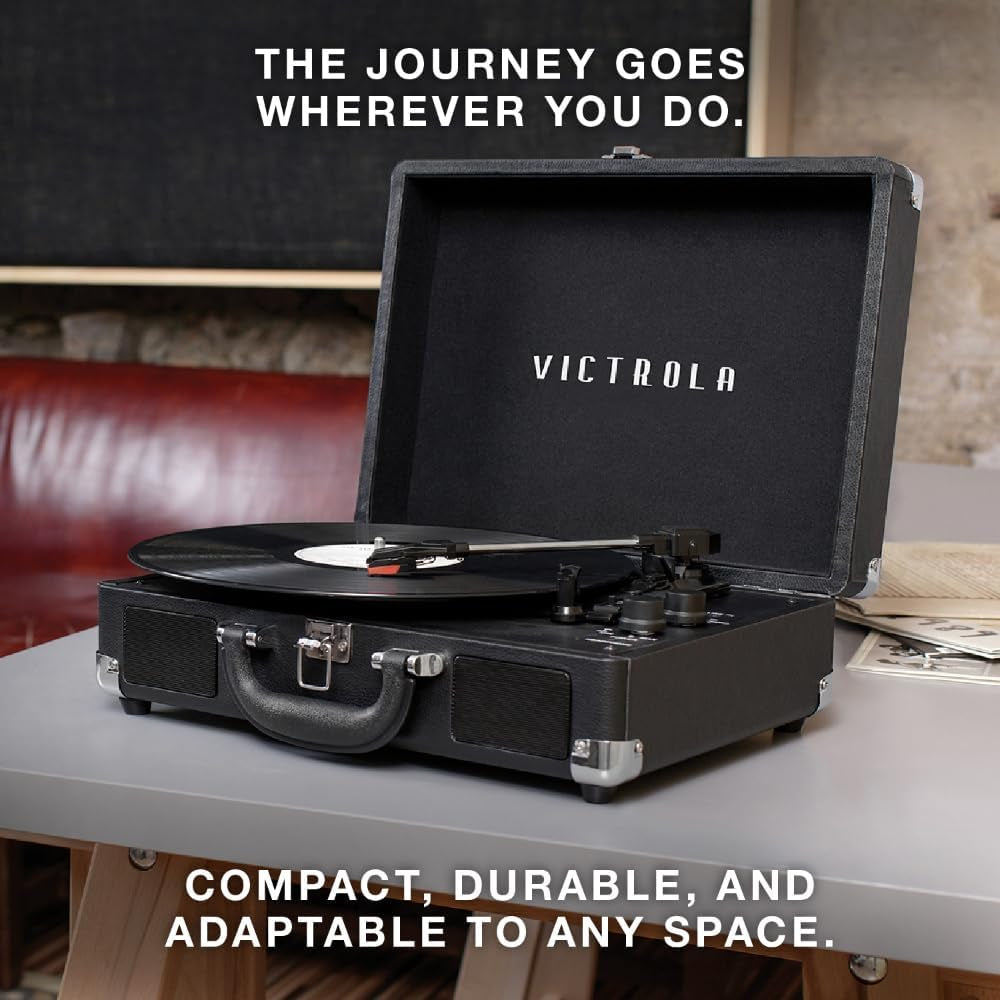 Journey Bluetooth Portable Suitcase Record Player – with Built-In Speakers, 3 Speed Vinyl Record Player, RCA Out, Headphone Jack (Retro Map)