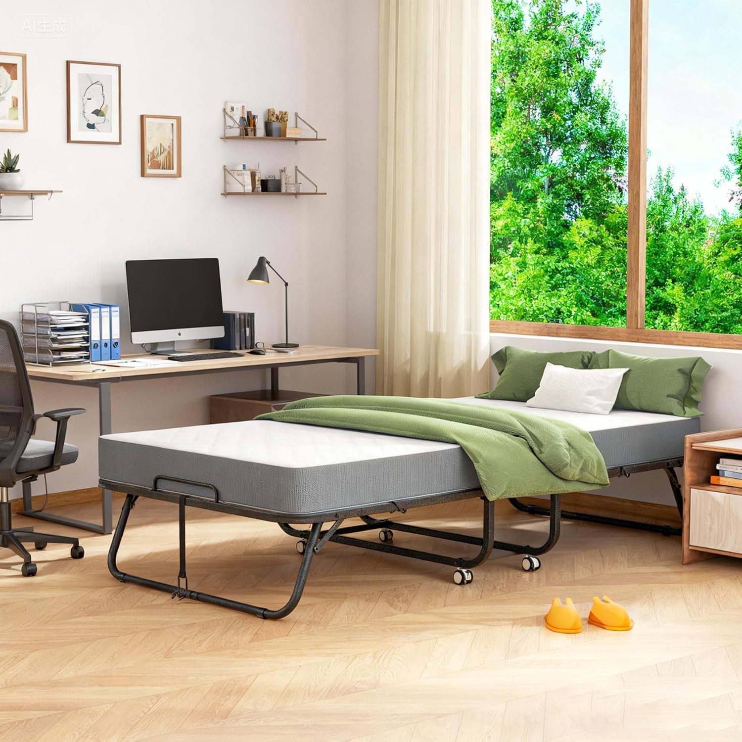 Folding Bed with Mattress, Twin Foldable Bed, Roll Away Beds for Adults, 75" X 31" Roll Away Portable Beds with 5" Mattress, Folded Frame for Small Apartment, Guest Room