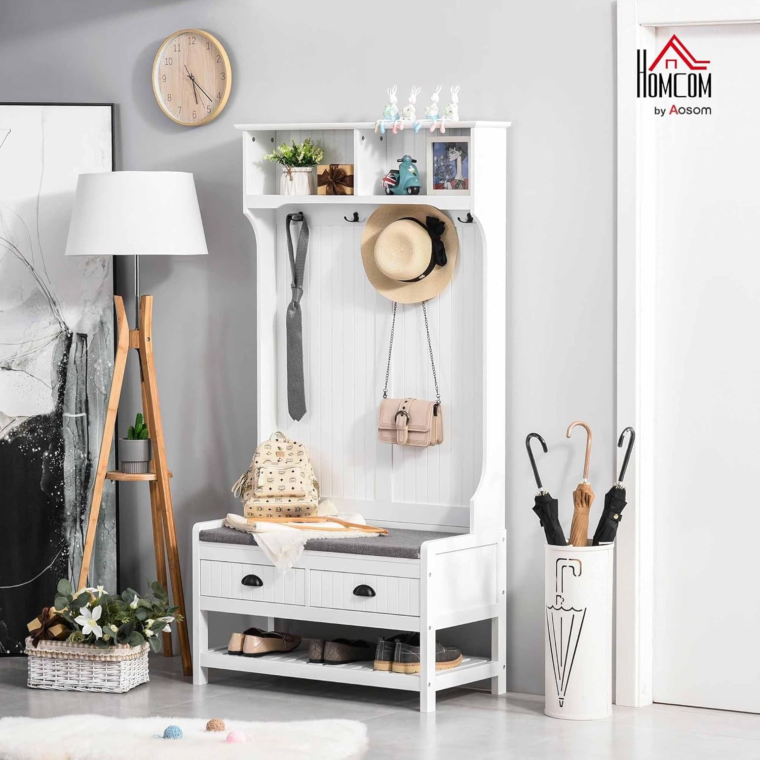 3-In-1 Hall Tree, Entryway Bench with Coat Rack, Mudroom Bench with Shoe Rack, 2 Storage Drawers, 4 Hooks and Padded Seat Cushions for Hallway, White