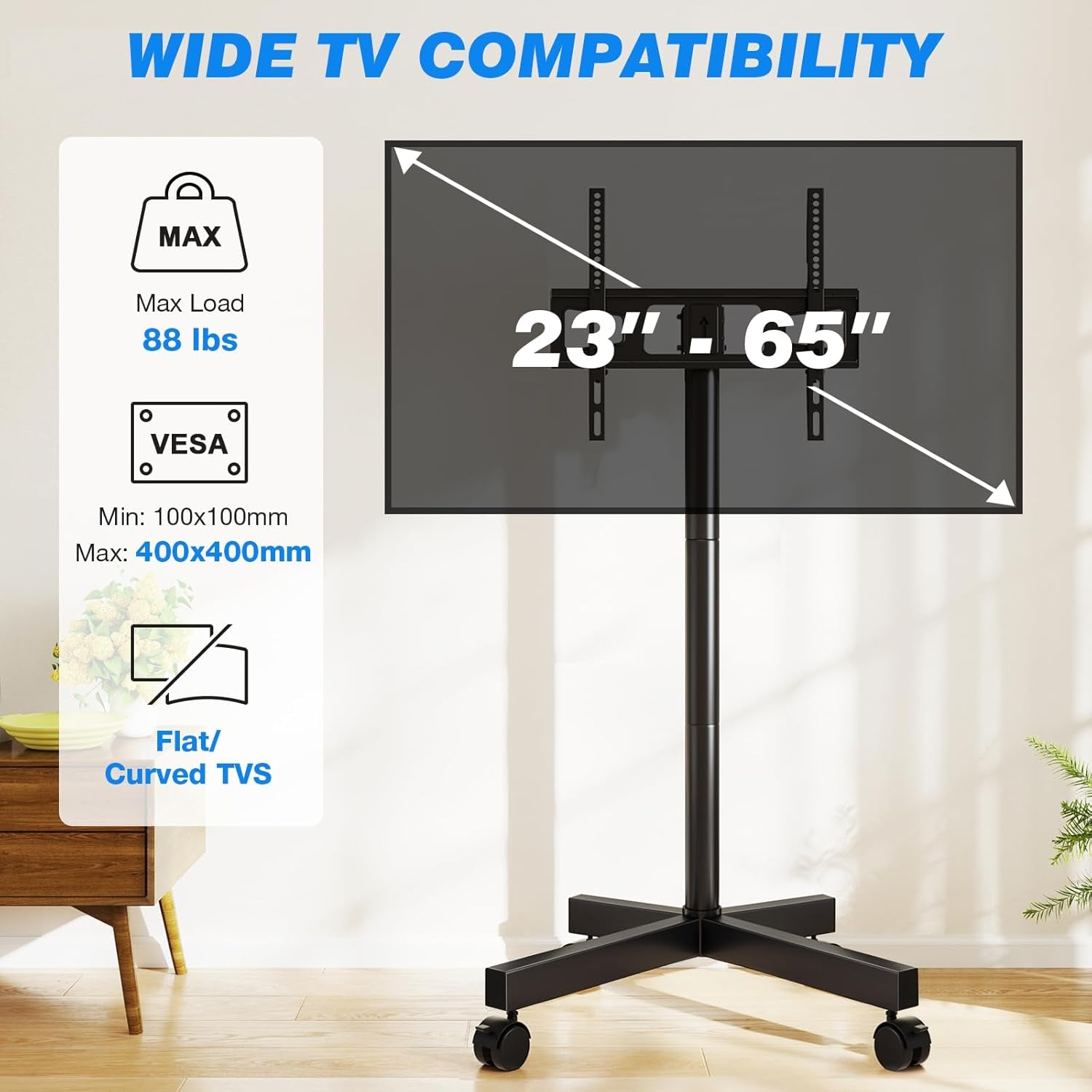 Mobile TV Cart Rolling TV Stand for 23-65 Inch Screens, Portable TV Stand on Wheels with Tilt and Height Adjustable, Outdoor TV Mount Stand Holds up to 88 Lbs for Home Office MAX VESA 400X400Mm