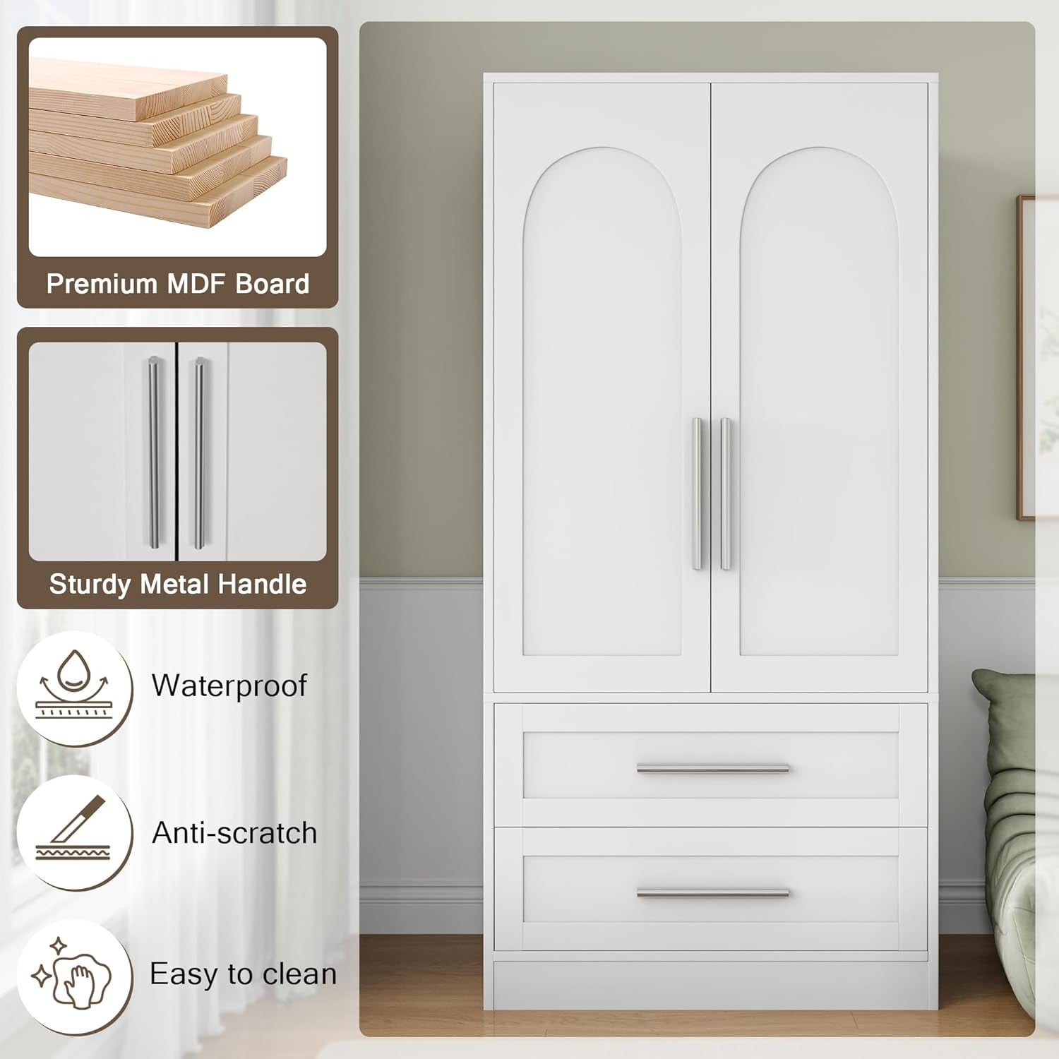 Wooden Armoire Wardrobe Closet with 2 Doors and 2 Drawers,Bedroom Freestanding Armoire Storage Cabinet with Shelves,Tall Clothing Storage Cabinet for Bedroom,White