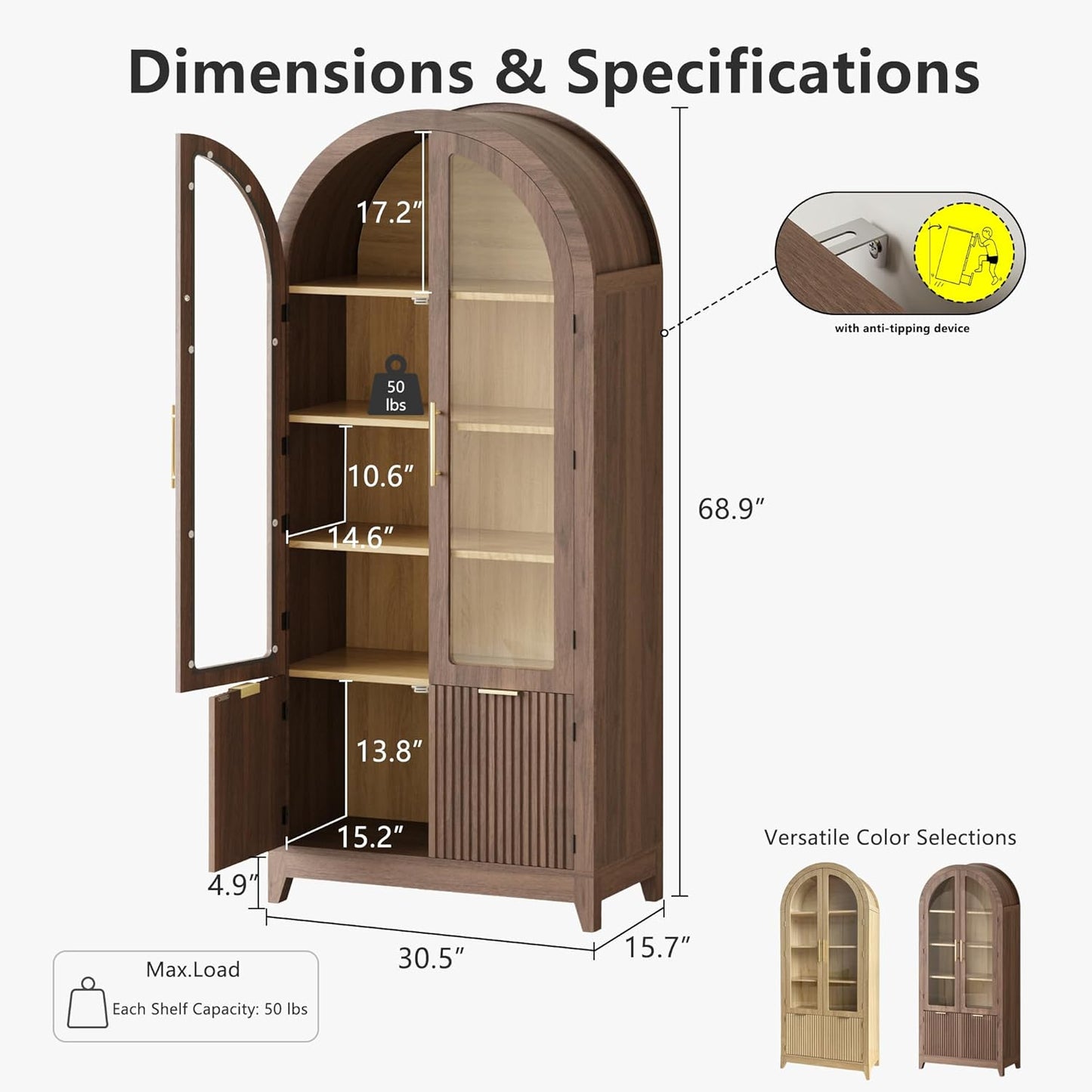 Tall Arched Cabinet with Glass Doors, 68.9" Pantry Storage Cabinets with Fluted Doors & Adjustable Shelves, Mid Century Modern Wood Display Bookcase for Kitchen, Living Room, Bathroom, Walnut