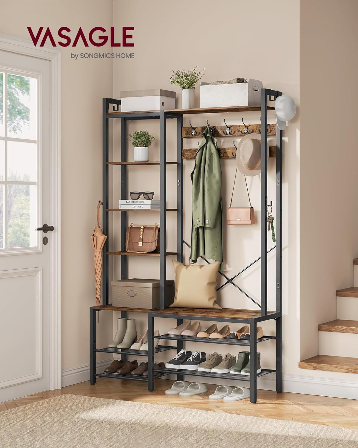 Hall Tree with Bench and Shoe Storage, Entryway Coat Rack with Shoe Bench, 5 Storage Shelves, 9 Coat Hooks, 6 Side Hooks, 15.7 X 47.2 X 74.8 Inches, Rustic Brown and Ink Black UHSR426B01