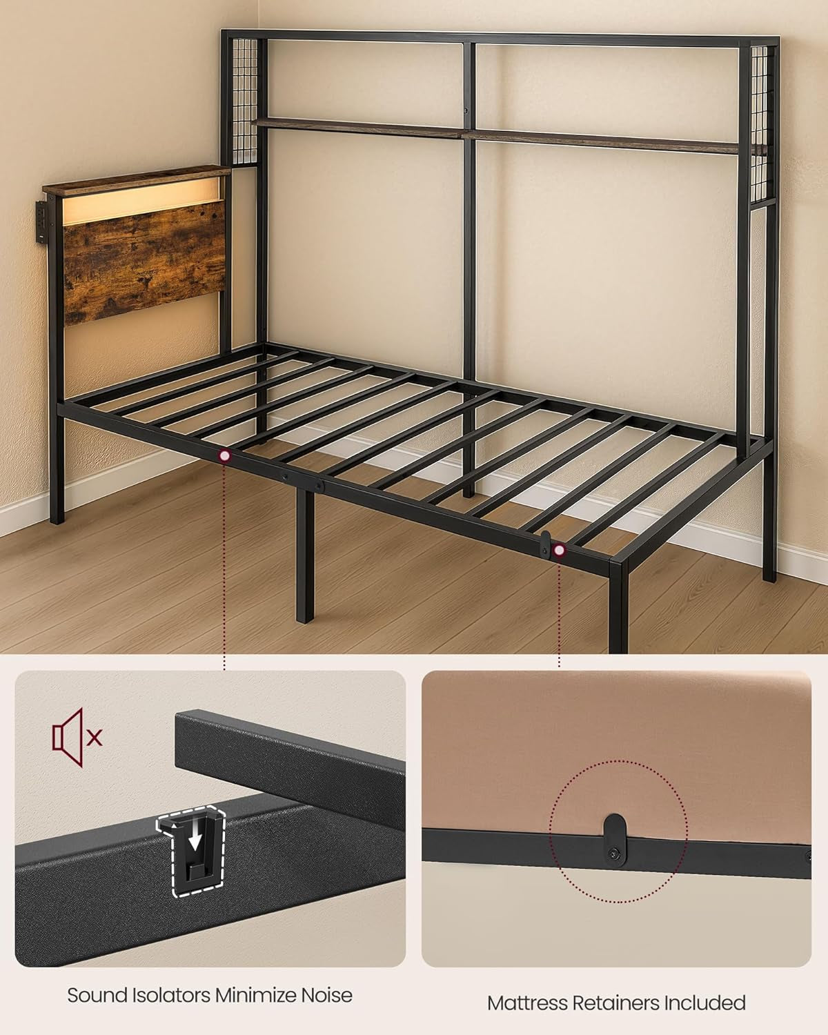 Twin Size Metal Bed Frame with Headboard, Multifunctional Storage, Built-In LED Lights, Charging Station, Bookshelf, Bedside Shelf, Space-Saving, No Box Spring Needed, Rustic Brown URMB963K02
