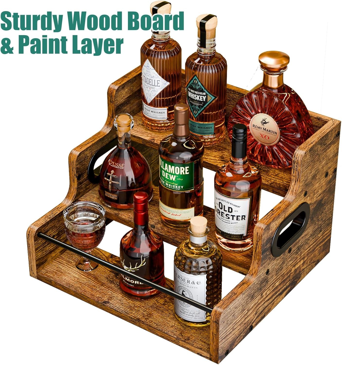 Liquor Bottle Display Shelf, Coffee Syrup Rack Organizer, 3 Step Countertop Wine Rack, Mini Bar, Retro Bar Shelf Stand for Whiskey, Spirits