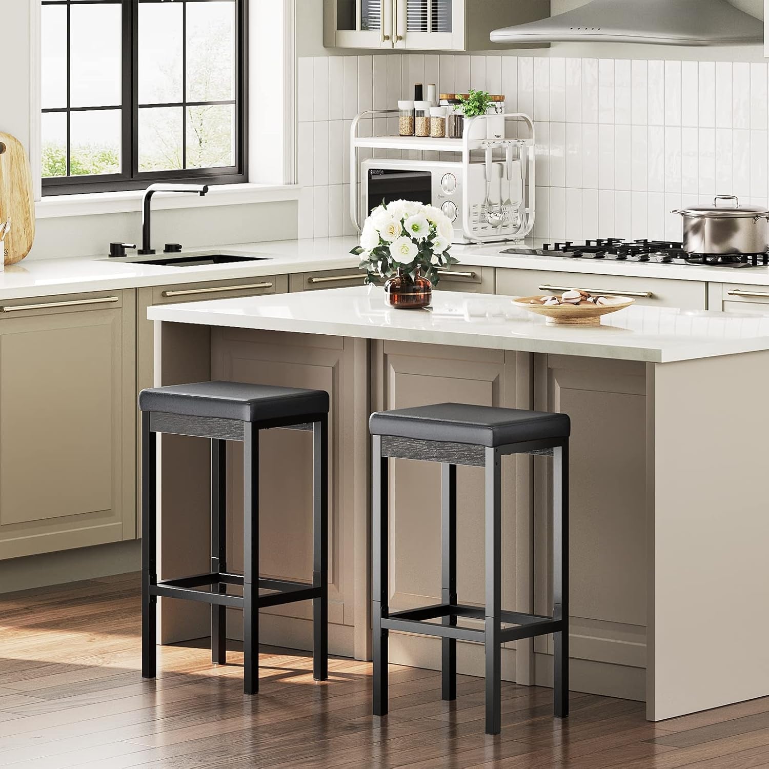 Bar Stools, Set of 2 Bar Chairs, 24.8-Inch Height Stools, Breakfast Bar Stools, Kitchen Stools, 2" Thick Upholstery, for Kitchen, Dining Room, Cafe, Bar Counter, Black BB21BY01